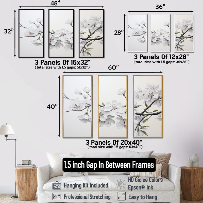 Minimalisme blanc et gris Cherry Blossom II - impression d'art mural cerisier en fleurs, H 28 po x l 36 po