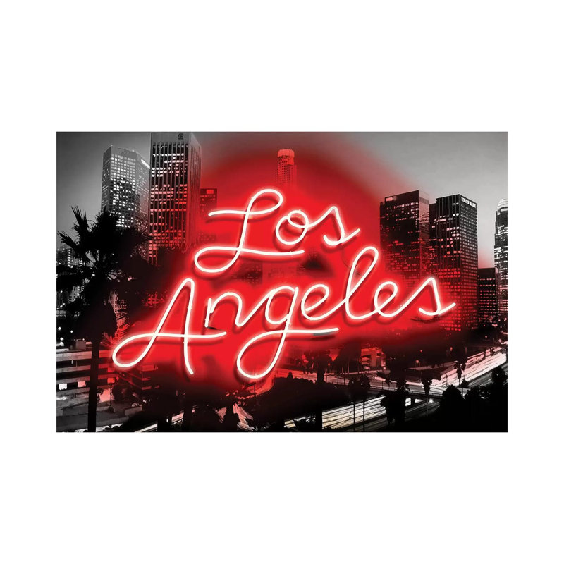 Neon Los Angeles Red On Black by Hailey Carr - Wrapped Canvas Print, 20.32cm H x 30.48cm W x 1.9cm D