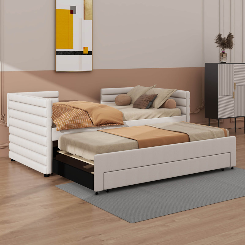 Lit de jour simple tapissier avec lit gigogne et 3 tiroirs de rangement intégrés, Beige