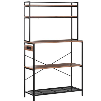 Large 5 Bakers Rack For Kitchen, 39-Inch Microwave Stand With Electrical Outlets, Coffee Bar, Walnut Engineered Wood Shelf, 150-Lbs Capacity One Stand, Bar Storage, Wood, Stable Design