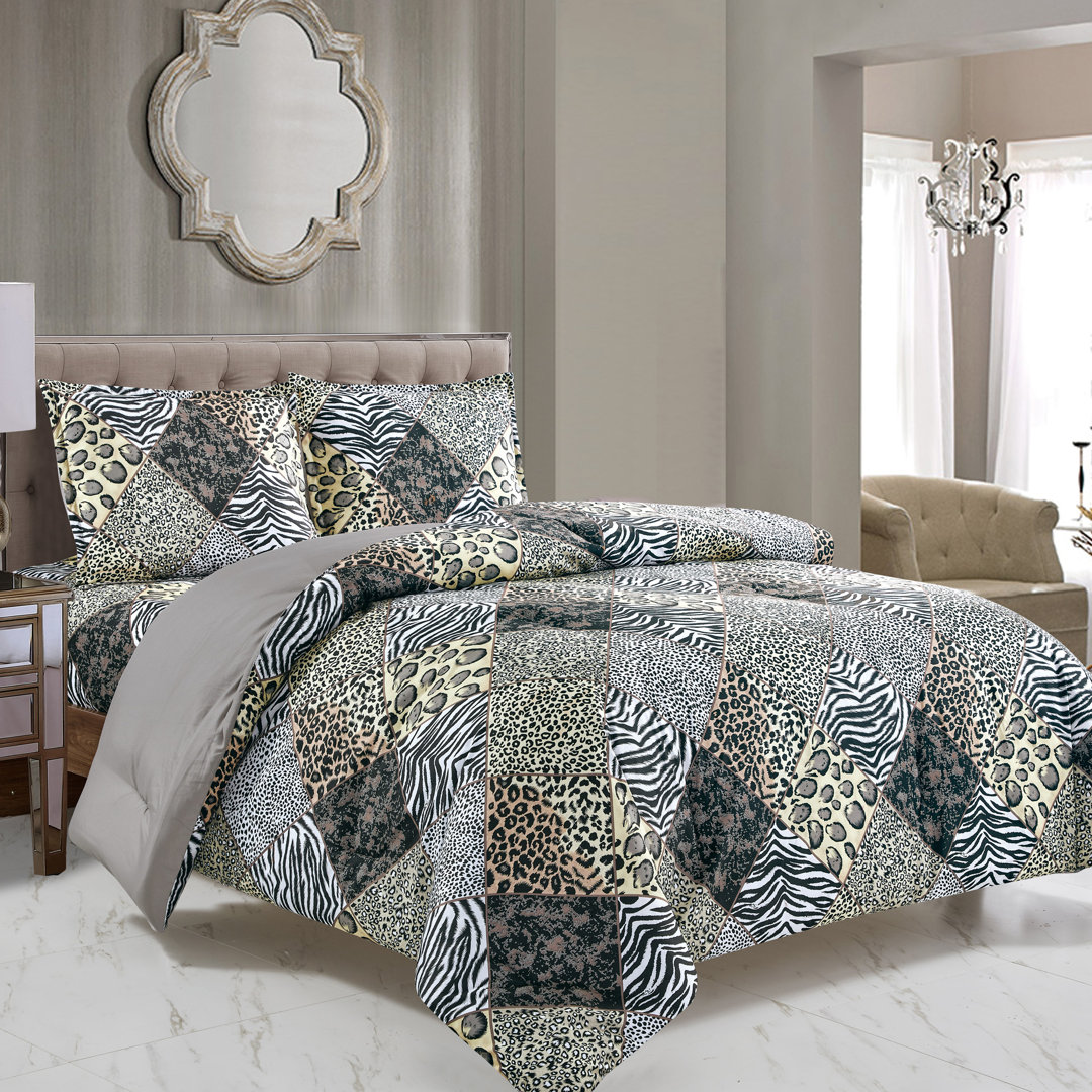 Animal Print Comforter With Pillow Sham, Black Leopard Zebra Giraffe Jungle Forest Theme Design Bedding- Safari World Products Mart