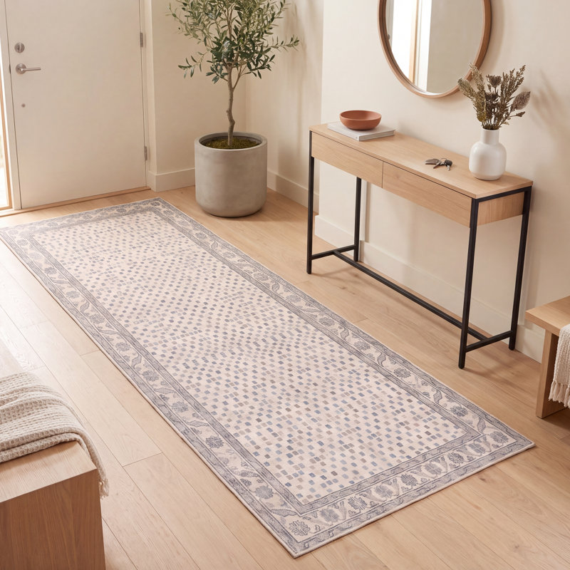 Tapis Vandelay moderne à motifs mosaïques abstraites bleu, gris et beige, lavable à la machine, antidérapant, à poils courts, pour l'intérieur et l'extérieur, adapté aux animaux domestiques, idéal pour le salon, la chambre, la salle à manger, l'entrée, le couloir ou le bureau.