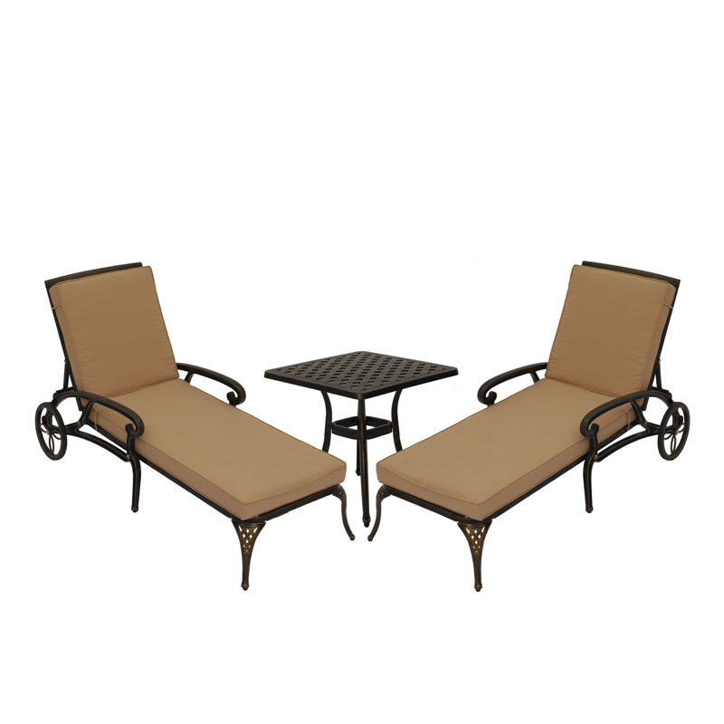 Outdoor Metal Chaise Lounge Set with Coffee Table (Set of 2), Beige