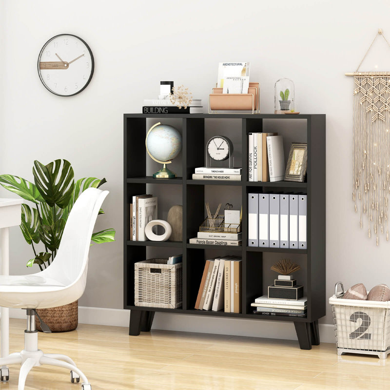 9-Cube Bookcase with 6 Removable Shelves Raised Support Feet for Living Room Black, 1