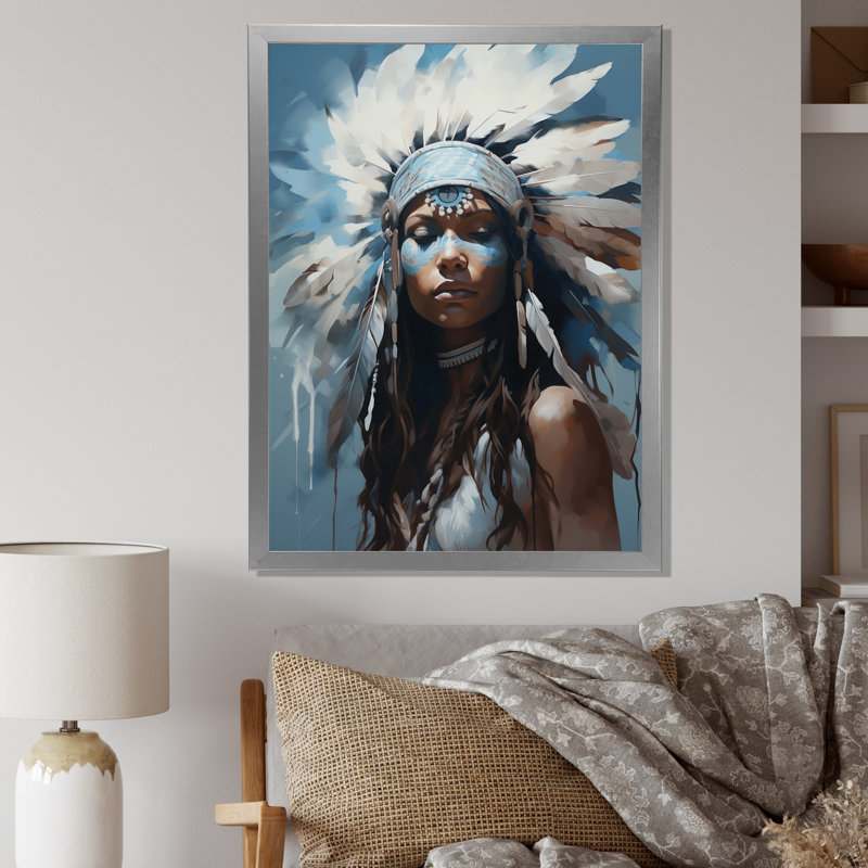 Coiffe de plumes amérindiennes rétro, 32" H x 16" W, Cadre naturel flottant