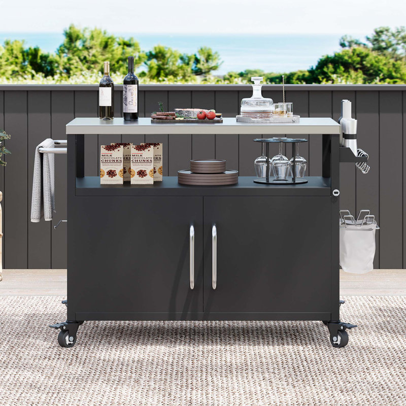 Îlot de cuisine 54,5 po avec plateau en acier inoxydable et chariot de bar extérieur avec 4 roues verrouillables pour barbecue extérieur