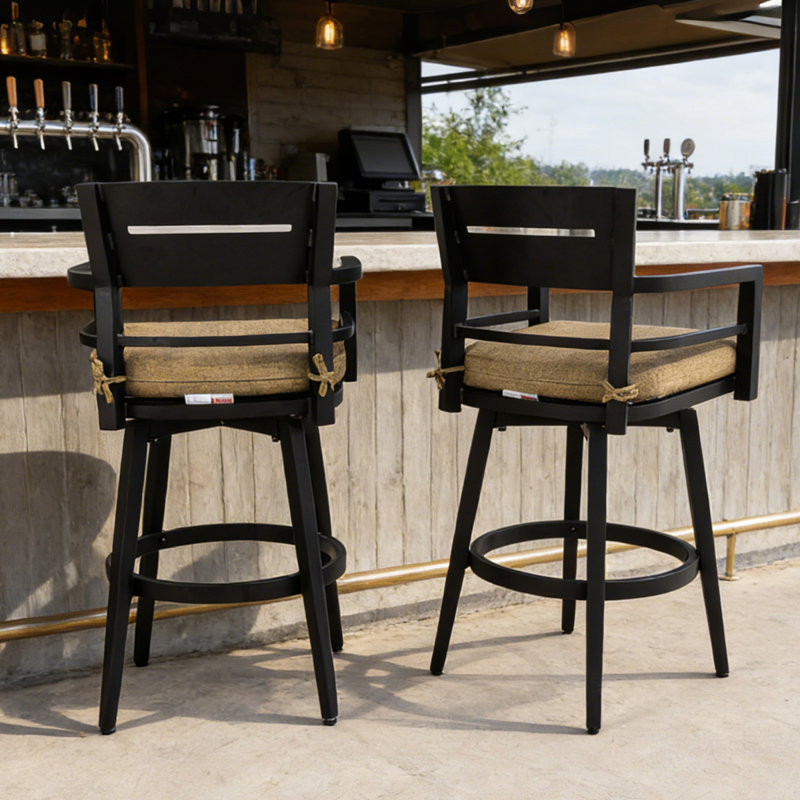 Tabourets de bar d'extérieur pivotants en aluminium avec coussins Sunbrella, Lin sésame