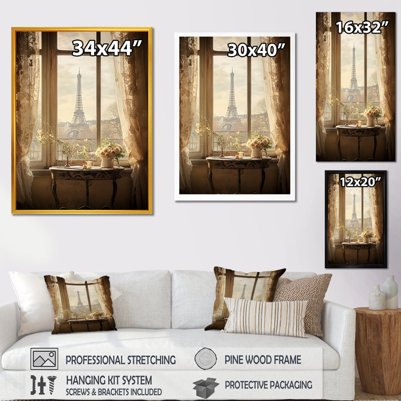 «Rustic Eiffel Tower Paris Window View I - City Paris», art mural, H 32 po x l 16 po x P 1 po, Cadre flottant blanc