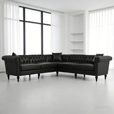 L-Shape Reversible Chesterfield Sectional Sofa, 5-Seat PU Leather Tufted Couch With Rolled Arms & Nailhead Trim, Modular Sofa For Small & Large Spaces