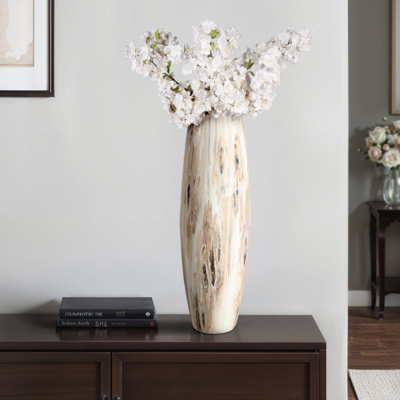 Curved Glass Vase Neutral Drip Finish, Multi, Ivory, 31" H x 10" W x 10" D