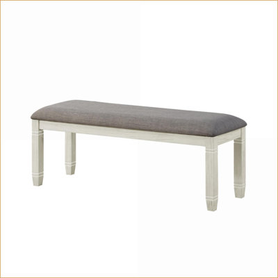 Dining Bench, 48-Inch Farmhouse Solid Acacia &amp; Pine Wood with Light Gray Textured Fabric Seat, Off-White Finish for Kitchen/Dining | Antique White | Fabric