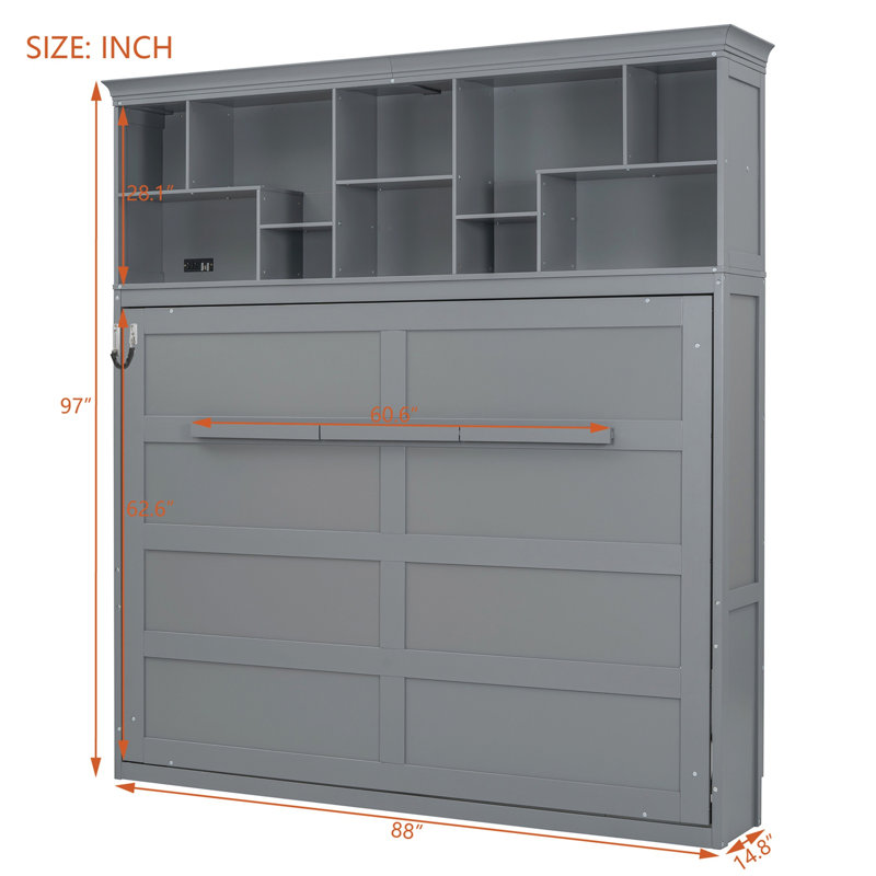 Lit escamotable mural Murphy avec tablettes supérieures et USB, gris