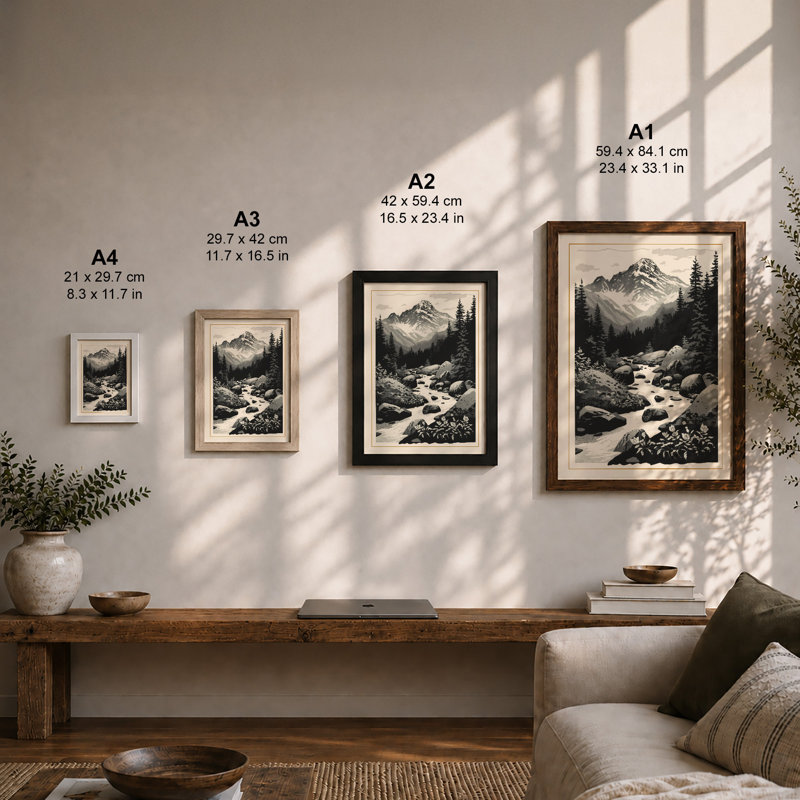 Mountains at Stillness Scandinavian - Framed Print, A3 - 42.0 x 29.7 cm, Unframed