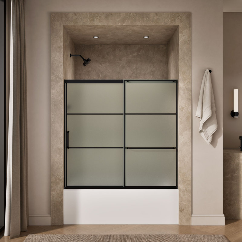 Elate Sliding Bath Door, 56-3/4-In H X 56-1/4 - 59-5/8-In W With Heavy 5/16-In Thick Frosted Glass With Rectangular Grille Pattern