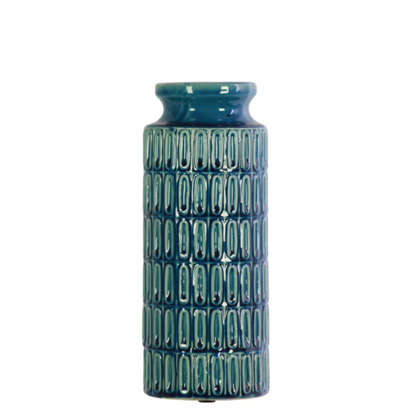 Ceramic Round Vase With Wide Mouth, Short Neck And Embossed Banded Oval Pattern Design Body Gloss Finish Blue..4.50"x4.50"x11.25"h