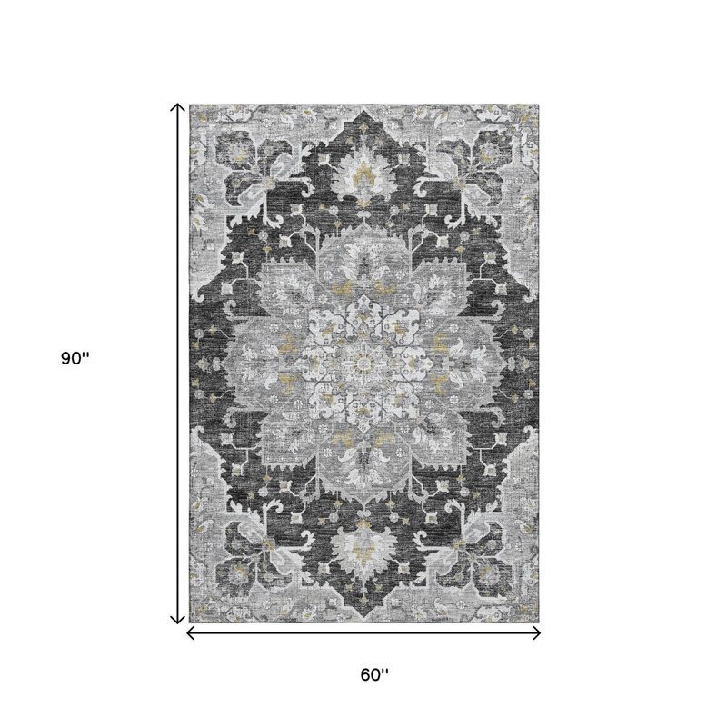 Tapis lavable délavé 5 pi x 8 pi graphite doré et gris anthracite