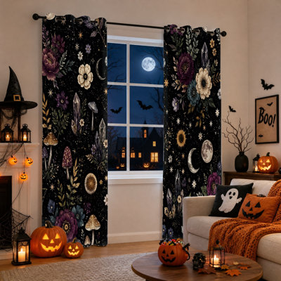 2Pcs Celestial Floral Crystal Blackout Curtains, Witchy Boho Moon Sun Stars Drapes, Magical Cottagecore Window Treatments for Bedroom Living Room Home Decor
