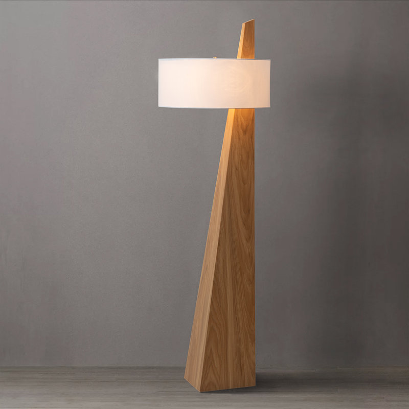 Lampe sur pied Obelisk - 63 po, bois de châtaignier, abat-jour en coton et lin blanc, Bois de frêne naturel