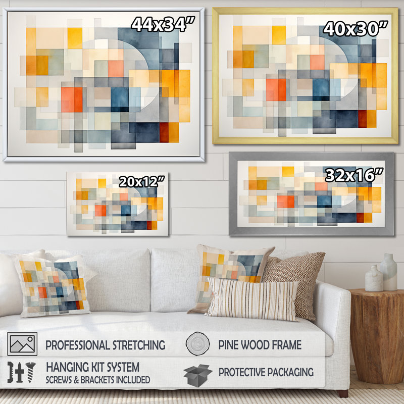 Multicolore cubes motifs IV - Art abstrait géométrique mural, Cadre d'angle fermé noir, H 30 po x l 40 po x P 1,5 po