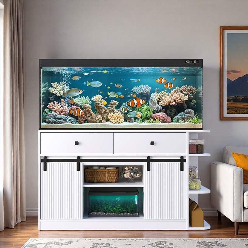 Support d'aquarium avec lumière DEL, prises de courant, portes cannelées coulissantes, 2 tiroirs, 2 grandes armoires et tablettes de rangement