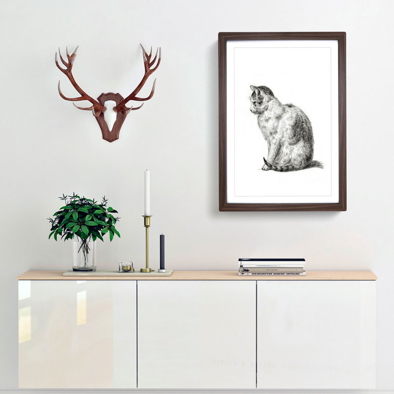 Sitting Cat by Jean Bernard - Picture Frame Drawing Print, 36cm H x 27cm W x 2cm D, Walnut Framed