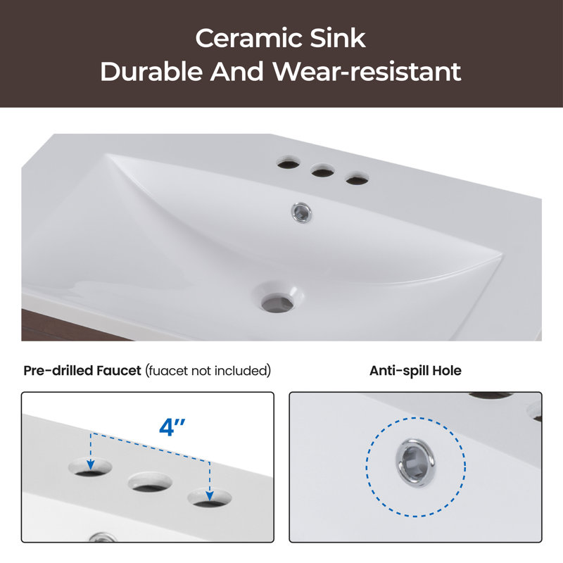 Meuble-lavabo simple 30 po avec comptoir, Brun