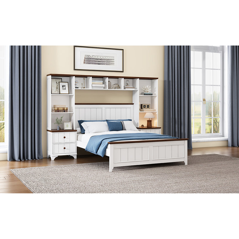 Lit plateforme en bois de pin massif avec table de chevet tout-en-un 2 et tablette de rangement pour chambre à coucher, chambre d'amis, double, blanc + noyer