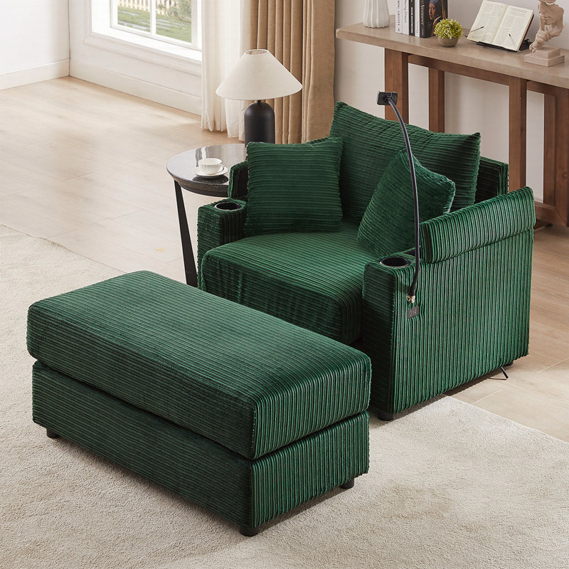 Modern Style Single Sofa Sofa Couch with A Movable Ottoman, Green Corduroy