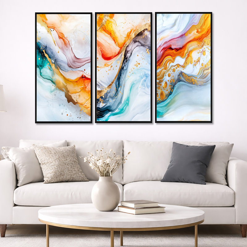 Encre, explosion de liquide - art mural abstrait 3 pièces, H 40 po x l 60 po, Cadre flottant noir