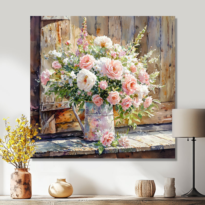 Bouquet de roses d'été à la grange II - Roses, art mural en métal pour le salon, H 36 po x l 36 po