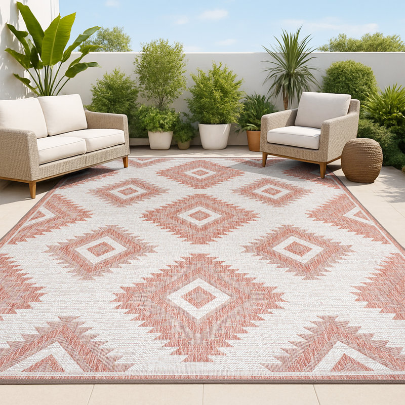 Kyona Geometric Moroccan Diamond Salmon/Cream Indoor/Outdoor Rug, Rectangle 7'10" x 10'