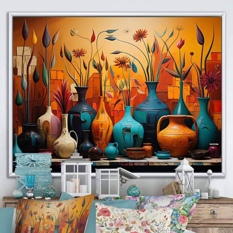 «Orange Boho Pottery Expressions I», art sur toile Boho Pottery, H 34 po x l 44 po x P 1,5 po, Cadre flottant blanc