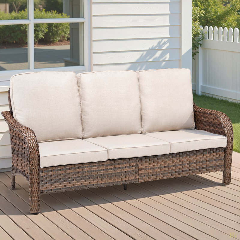 70.9" PE Wicker Rattan Outdoor Furniture Set, 3 Seat Sofa With  Deep Seat Cushions, Beige
