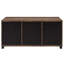 Table basse rectangulaire à thème rustique, avec portes coulissantes et finition de rangement pratique, organisée