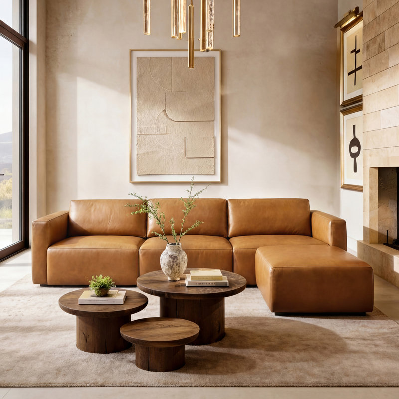 Beryl 90.74'' W 4-Piece Modern Modular Full Grain Leather Sofa And Ottoman Set, Brown