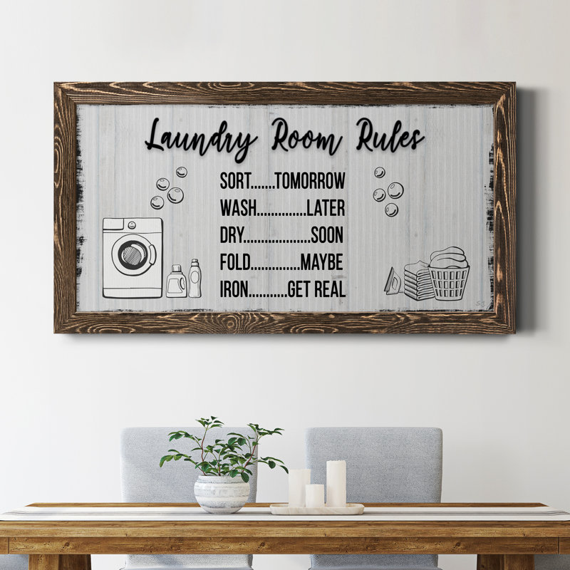 Laundry Room Rules - Art textuel sur toile encadré, Noyer