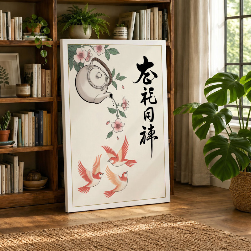 Teapot and Koi Japandi 1 Piece Wrapped Canvas Wall Art, 36x24 - 91.4 x 61.0 cm, White Border