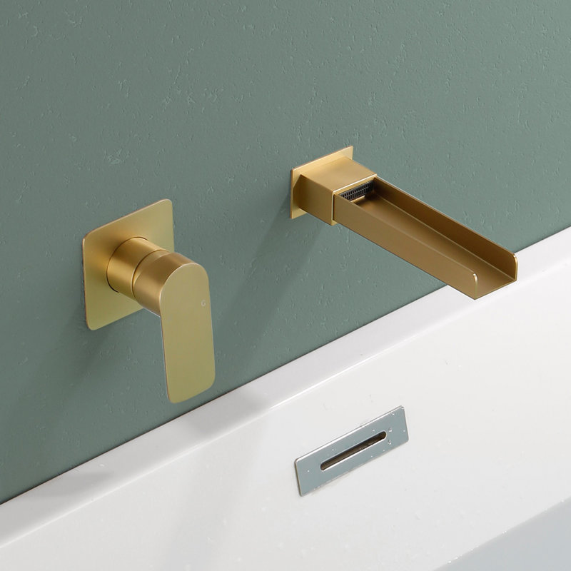Wall Mounted Tub Faucet with Single Handle, Bathroom Waterfall Tub Filler, Brushed Gold
