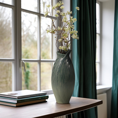 Artistic Swirl Ceramic Flower Vase for Home Décor – Versatile Tall Vase Ideal for Shelf Accent, Dining Room Table, and Living Room Décor – Green