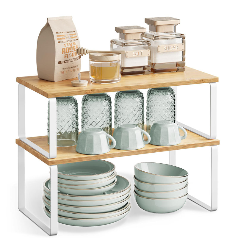 2-Pack Stackable Expandable Cabinet Shelf Organizers, Kitchen Counter Storage Riser & Spice Rack for Pantry and Cupboard