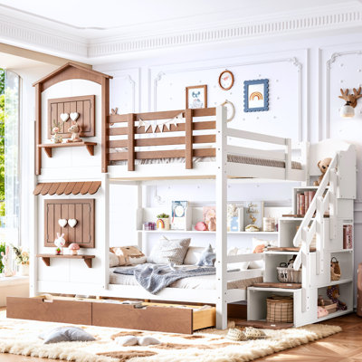 Lit superposé en bois massif avec escalier de rangement, fenêtres, tiroirs, barrières de sécurité et étagères