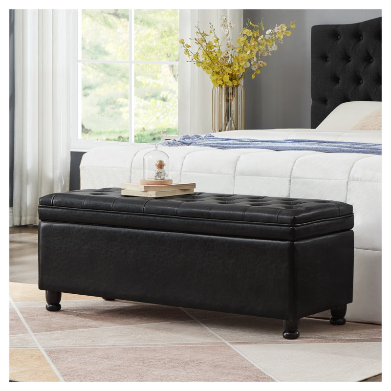Banc de rangement rembourré capitonné avec similicuir, siège d'entrée noir avec compartiment intérieur et pieds en bois d'hévéa
