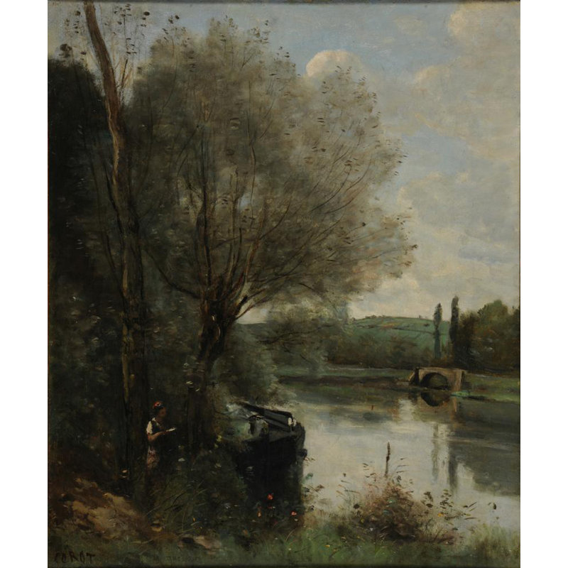 «The Reader on the Wooded Bank» par Jean-Baptiste-Camille Corot - Art mural sur toile tendue avec châssis, H 48 po x l 33 po