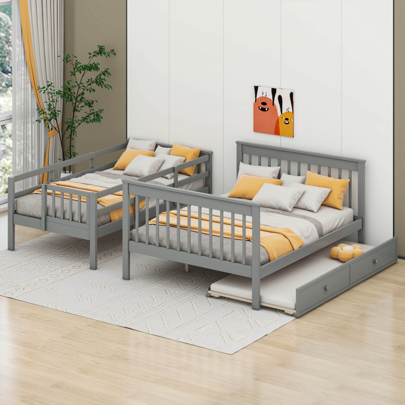 Lit superposé simple au-dessus d'un lit double avec lit gigogne simple, rangement et garde-corps