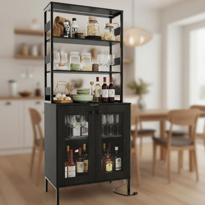 67" Bar Cabinet with Tempered Glass Doors, Pantry Cabinet with LED Lights & Power Outlets, Industrial Wine Bar for Kitchen, Dining Room, Home Bar Stor by 17 Stories