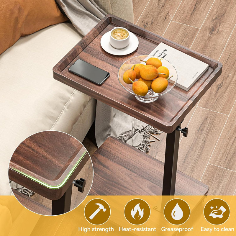 Adjustable Height C Table With 360° Swivel, Multi-Functional Side Table For Living Room, Bedroom, Sofa And Bed, Space-Saving TV Tray Table With Wheels And Sturdy Wooden Top