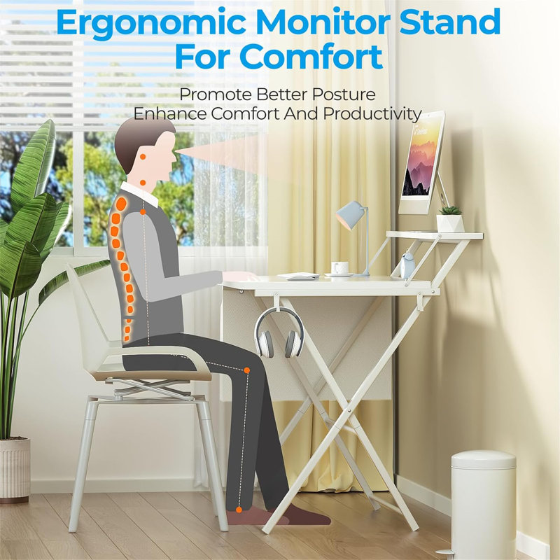 Folding Desk For Small Spaces, 23.6 Inch Foldable Table With Storage Bag, 2-Tier Portable Computer Desk With Monitor Stand For Home Bedroom