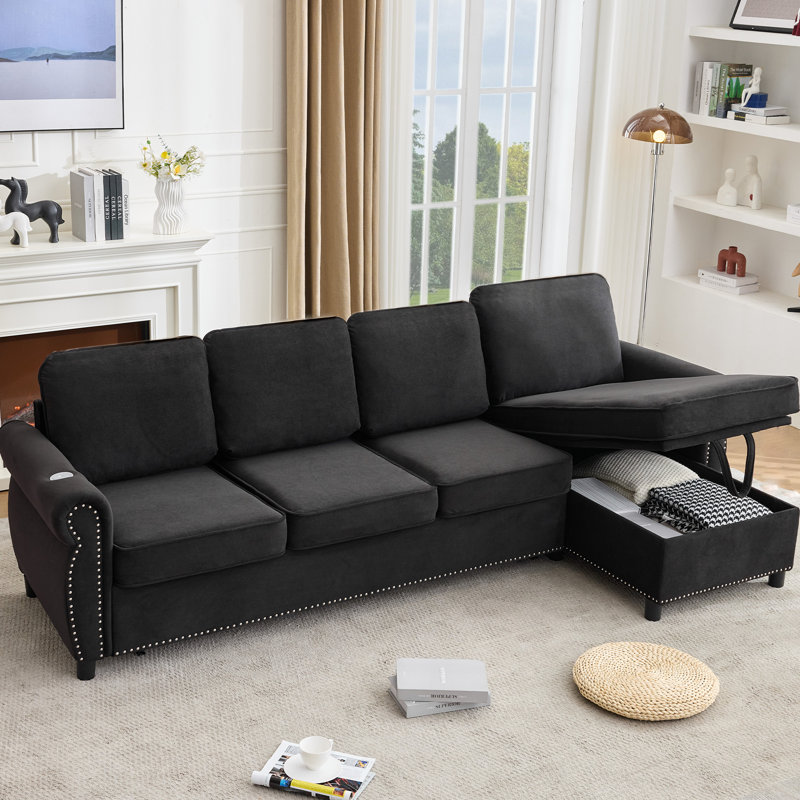 Canapé-lit modulaire en L coulissant avec chargement sans fil et USB, matelas en mousse à mémoire de forme, méridienne de rangement à double sens et fonctionnalité convertible 2-en-1.
