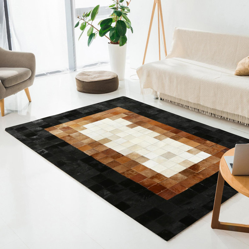 Tapis beige en cuir de vache, tapis fait main, Tapis de couloir 2 pi x 6 pi