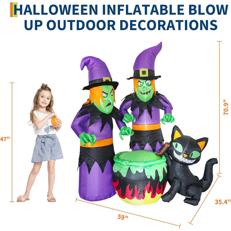 Chat gonflable noir de 1,80 m se gratte autour d'un chaudron pour l'Halloween, avec 6 DEL